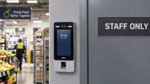 Retail staff using a keycard reader on a stockroom door
